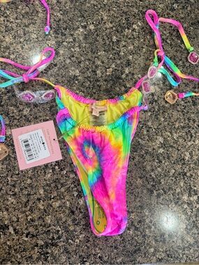 Moda Minx Tie Side Bikini Bottom NWT Size M Rainbow Tie Dye